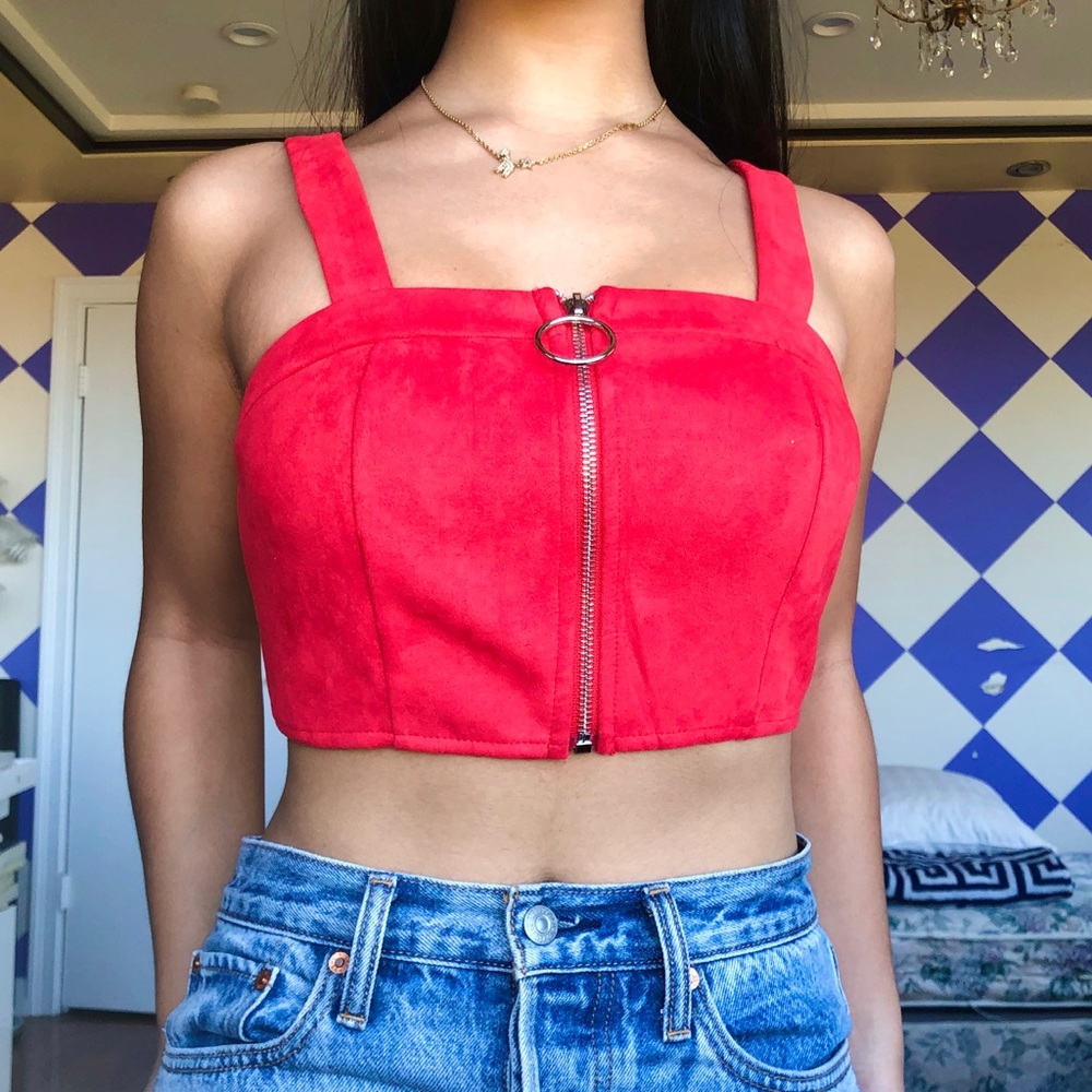 LF Seek the Label Red Suede Crop Top